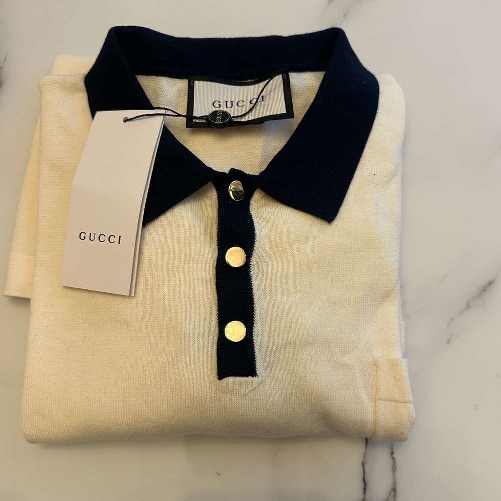 Gucci Cream and Navy Contrast Collared Polo